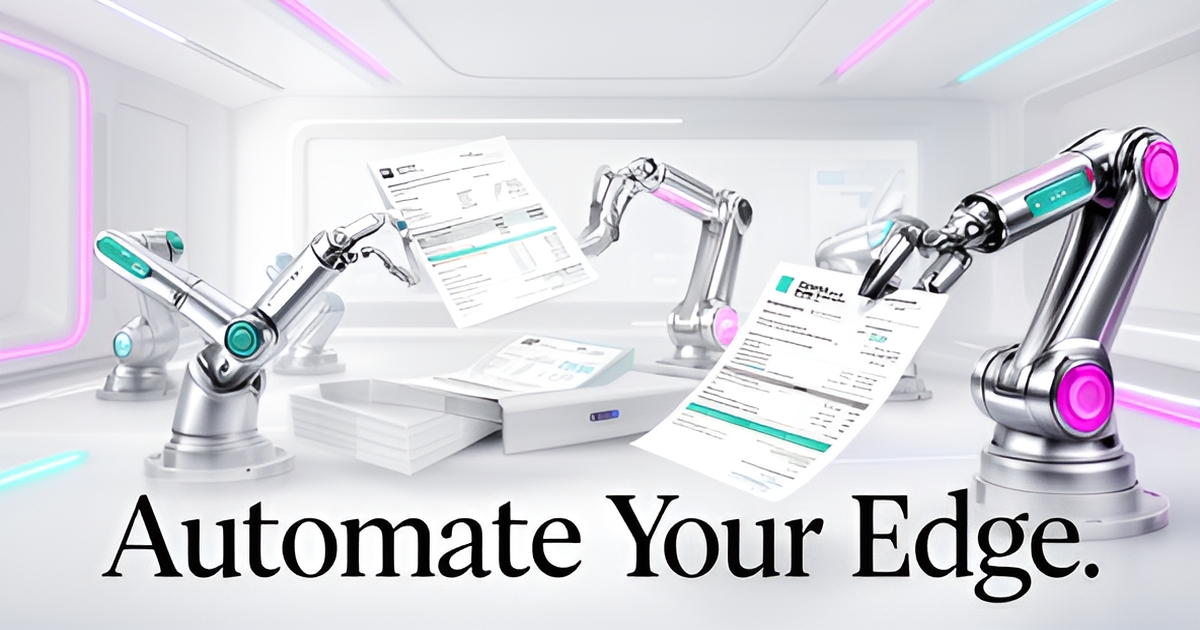 A futuristic accounting office with automated systems handling paperwork and financial documents, symbolizing AI-driven workflow efficiency.